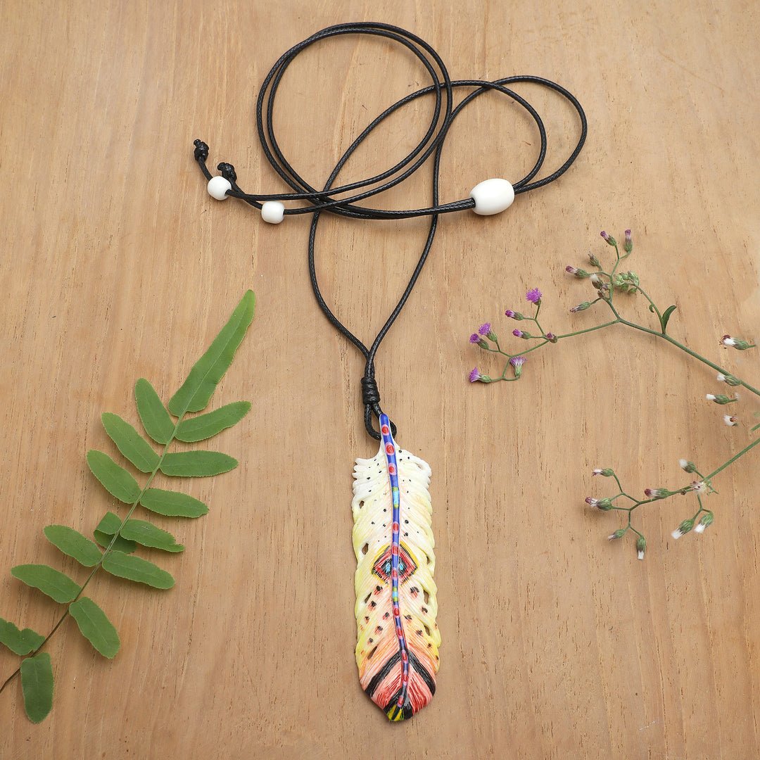 Hand-Painted Red and Yellow Feather Pendant Necklace - Courageous Freedom
