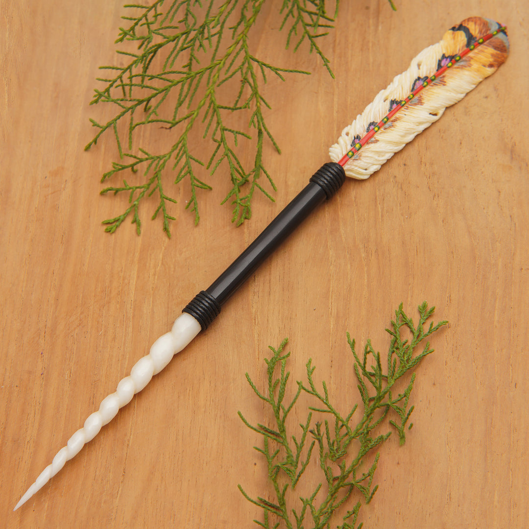 Feather-Themed Hand-Painted Hairpin in Warm Hues - Feathered Nature