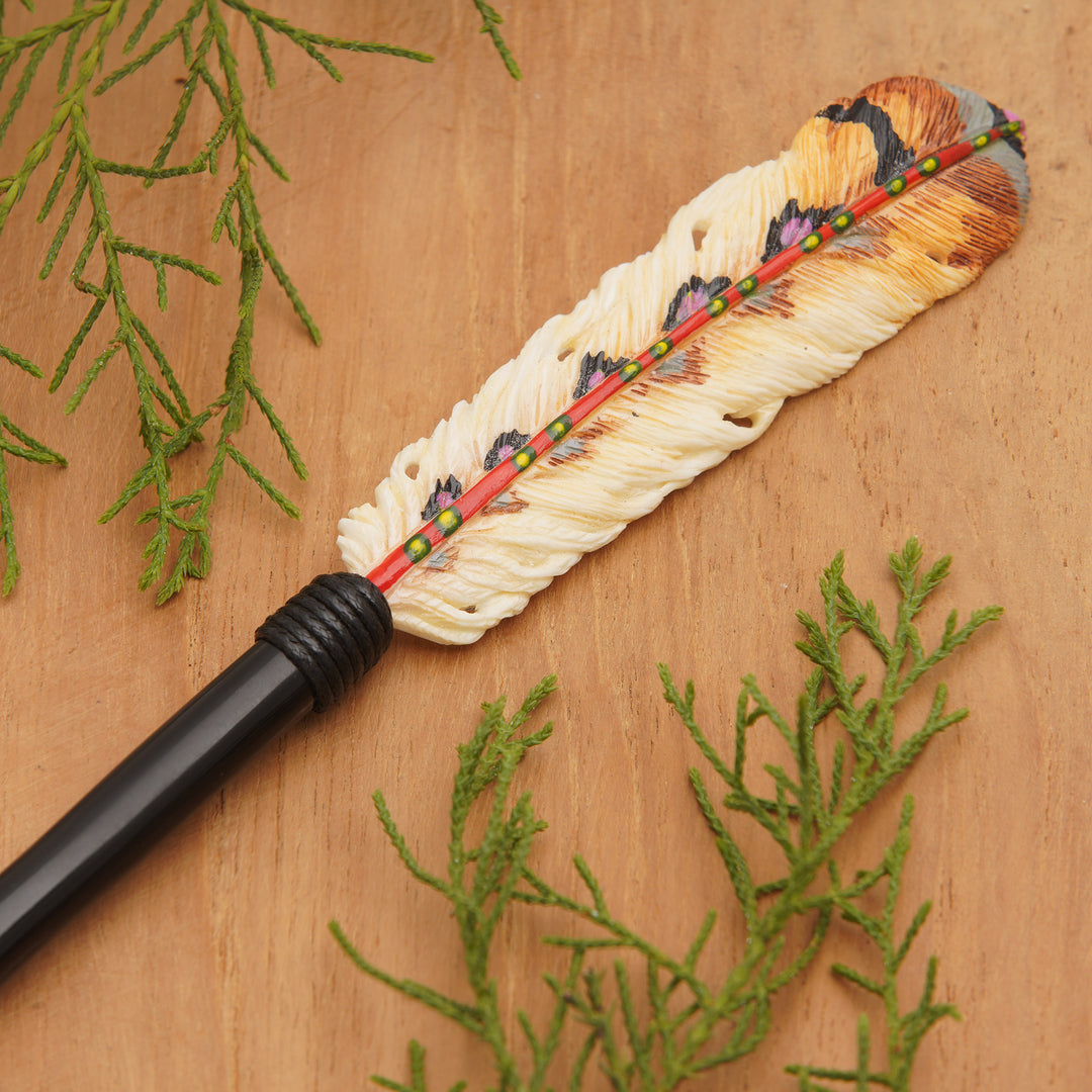 Feather-Themed Hand-Painted Hairpin in Warm Hues - Feathered Nature