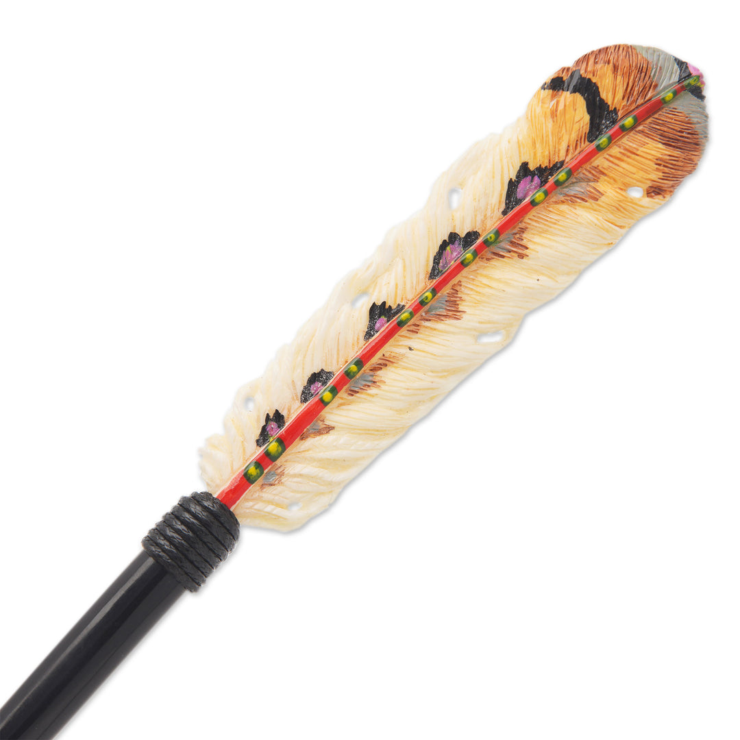 Feather-Themed Hand-Painted Hairpin in Warm Hues - Feathered Nature