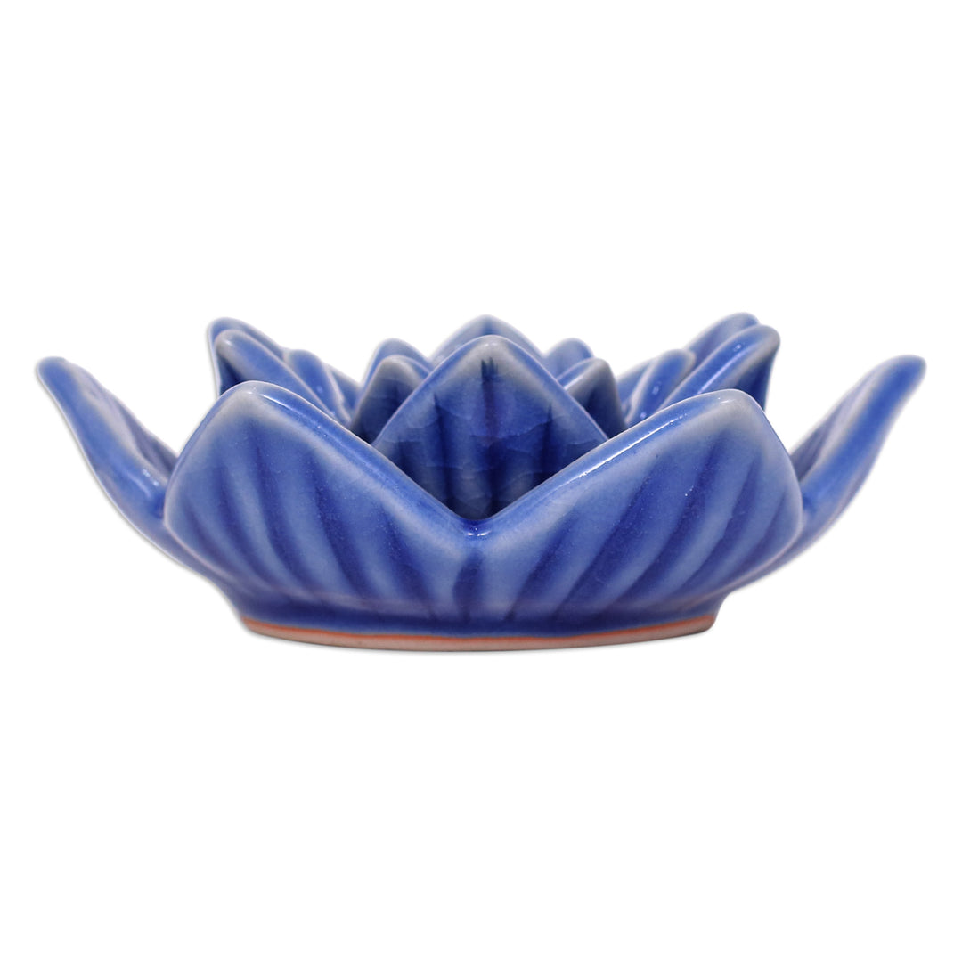 Blue Celadon Ceramic Candle Holder Handmade in Thailand - Lotus Flower in Blue