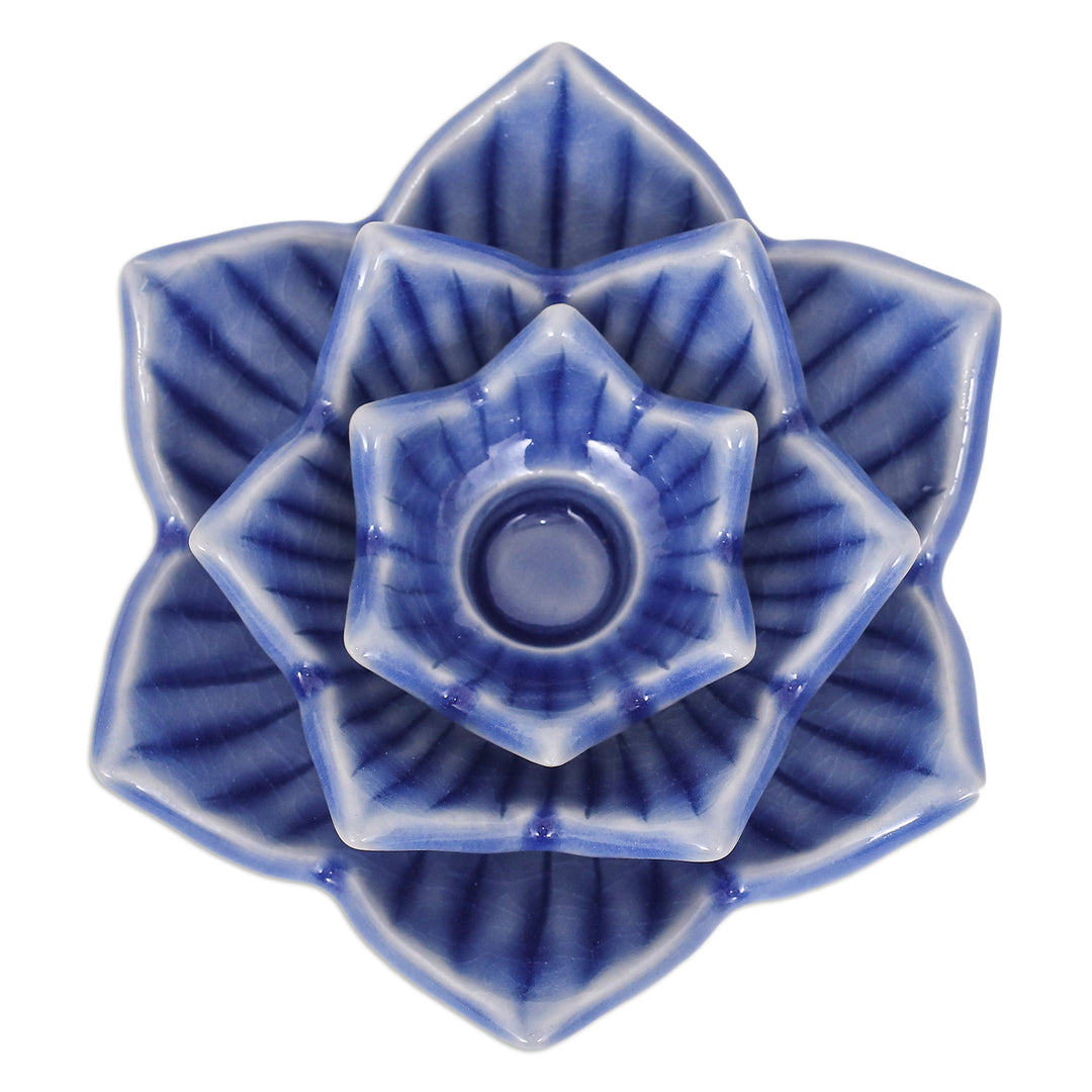 Blue Celadon Ceramic Candle Holder Handmade in Thailand - Lotus Flower in Blue