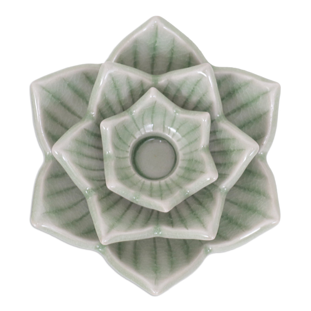 Celadon Ceramic Green Candle Holder Handmade in Thailand - Lotus Flower in Green