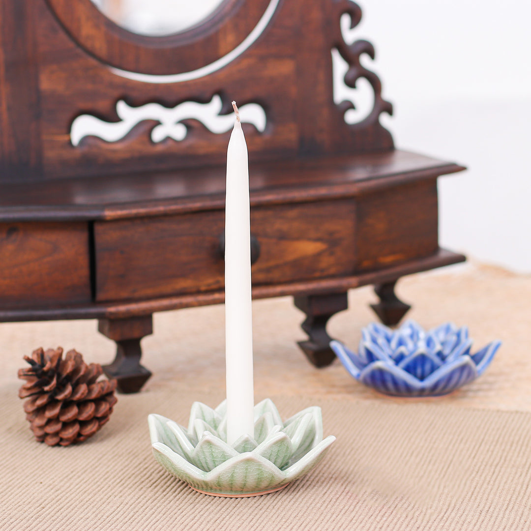 Celadon Ceramic Green Candle Holder Handmade in Thailand - Lotus Flower in Green