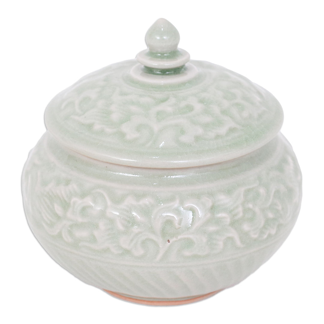 Thai Celadon Ceramic Decorative Leaf-Themed Jar in Green - Luxurious Green