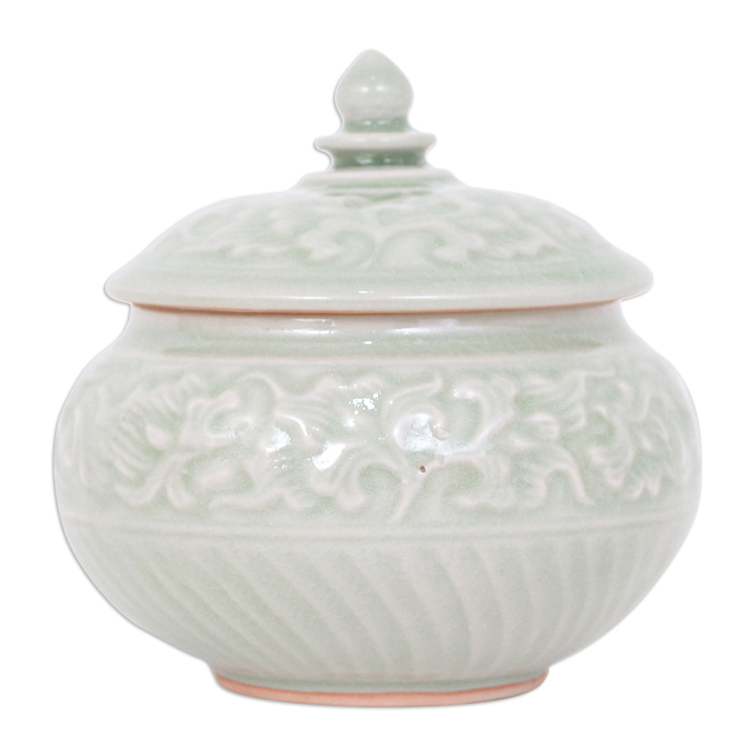 Thai Celadon Ceramic Decorative Leaf-Themed Jar in Green - Luxurious Green