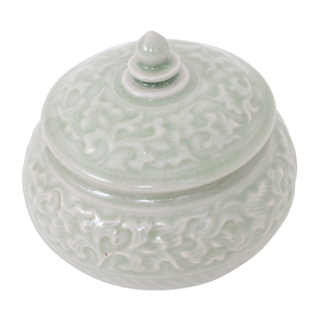 Thai Celadon Ceramic Decorative Leaf-Themed Jar in Green - Luxurious Green