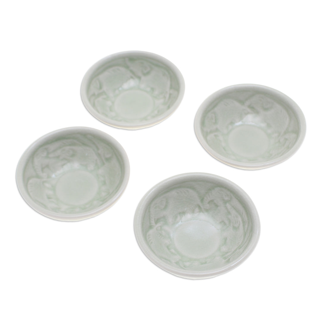 4 Green Celadon Ceramic Elephant Themed Appetizer Bowls - Elephant Herd