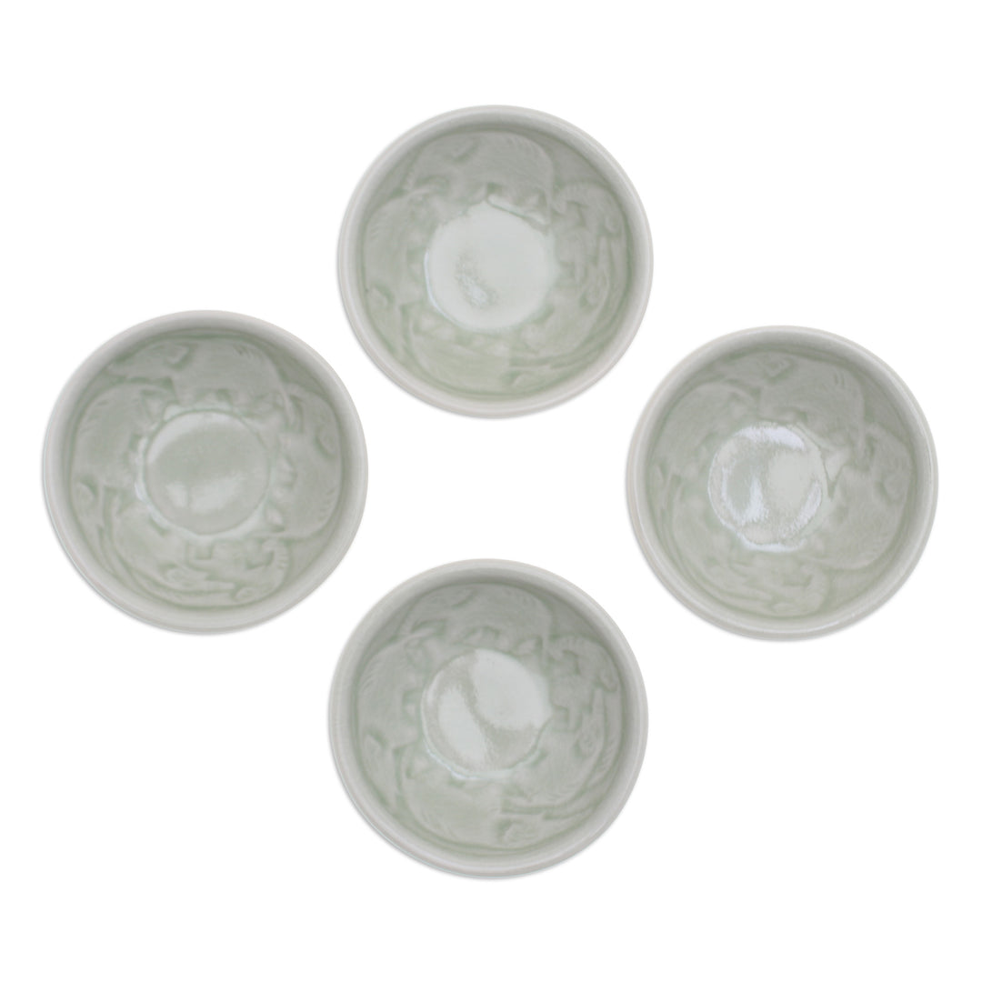 4 Green Celadon Ceramic Elephant Themed Appetizer Bowls - Elephant Herd