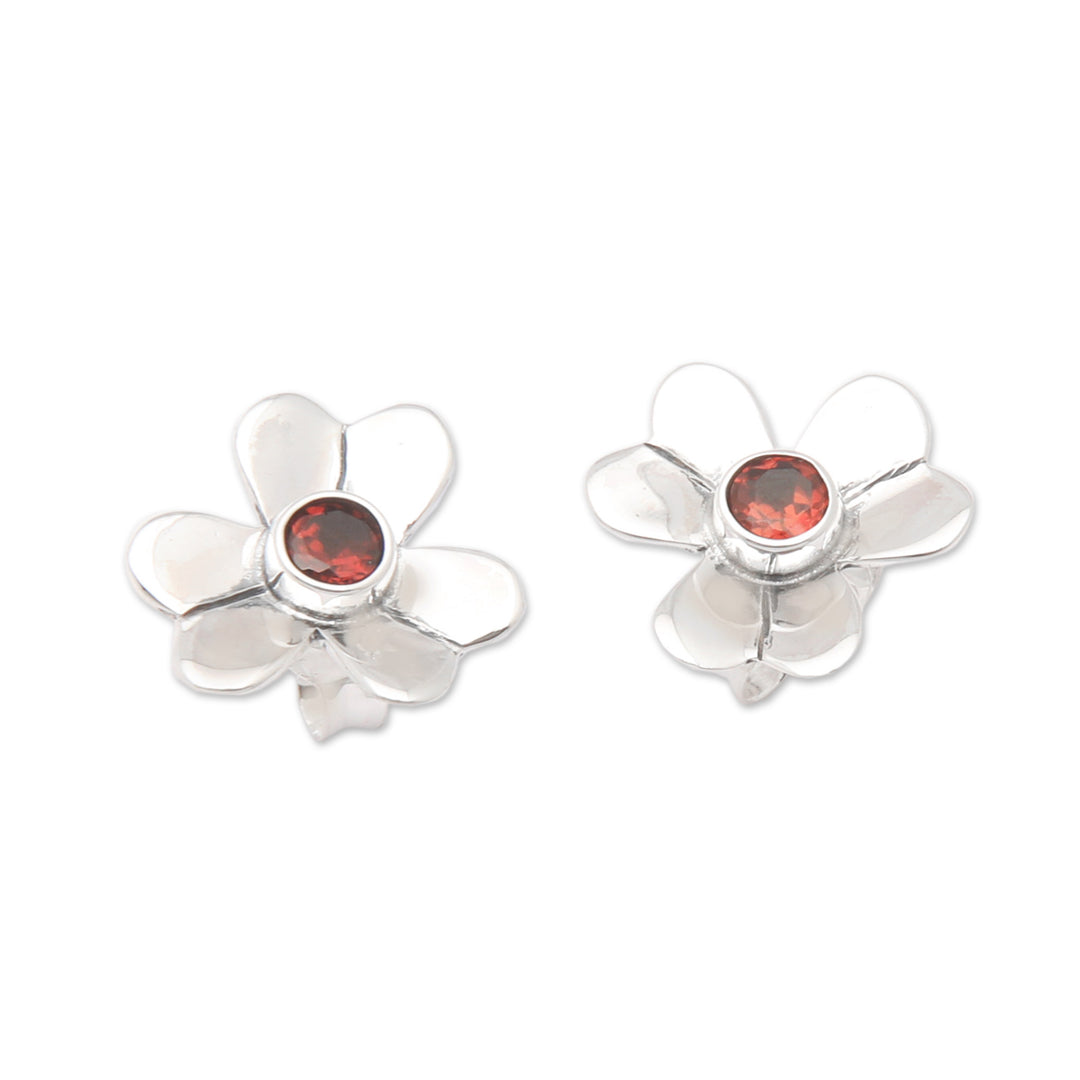 Sterling Silver Floral Button Earrings with Garnet Stone - Symmetrical Flower
