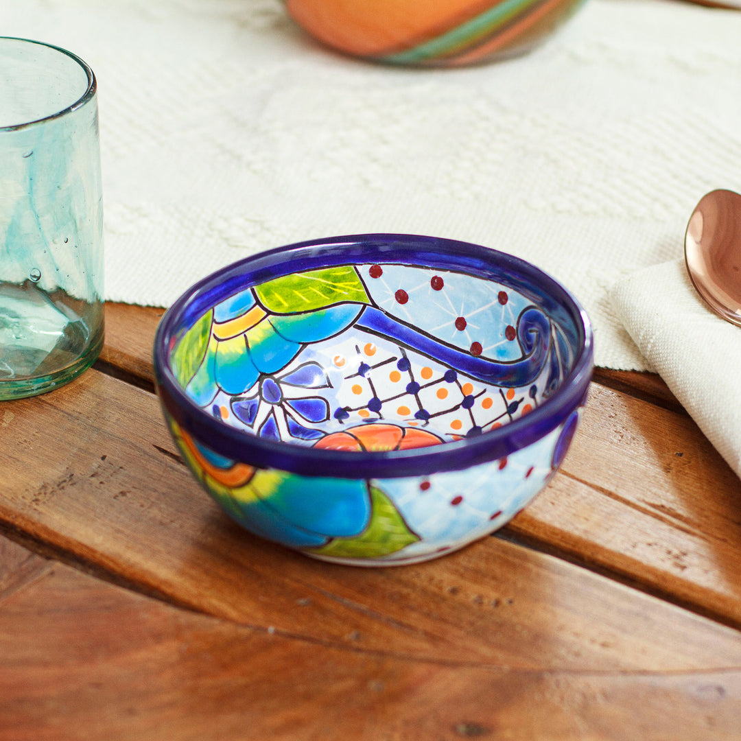 Hand-Painted Mexican Talavera Style Ceramic snack Bowl - Blooming Talavera