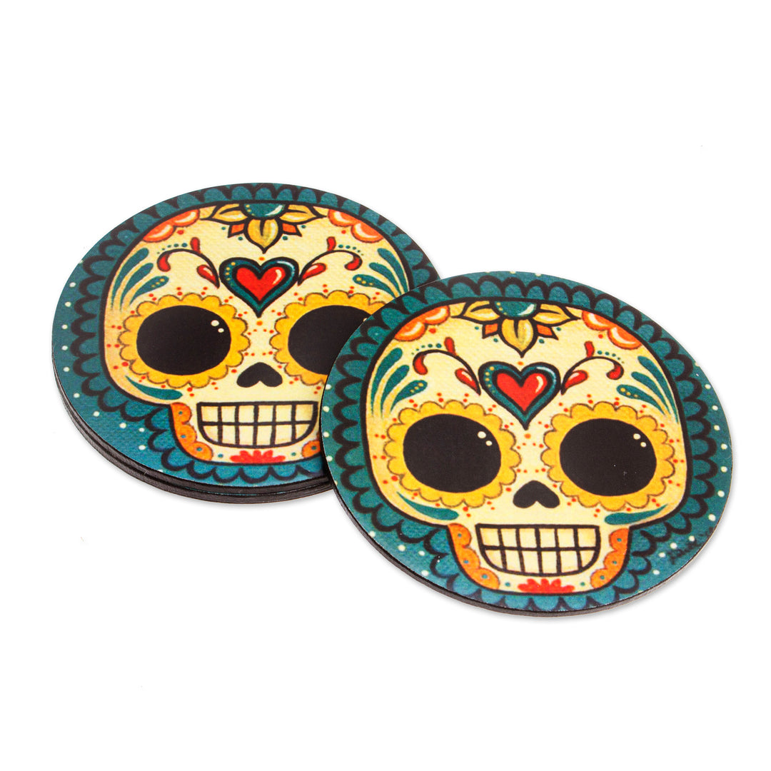 4 Decoupage Pinewood Coasters with Day of the Dead Motifs - La Catrina