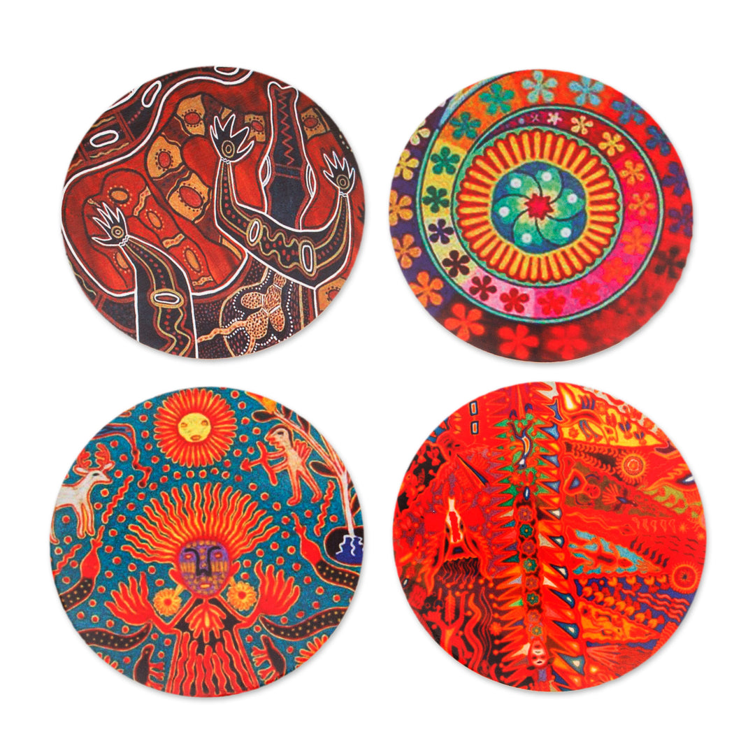 4 Decoupage Pinewood Coasters with Mexican Huichol Motifs - Huichol Inspiration