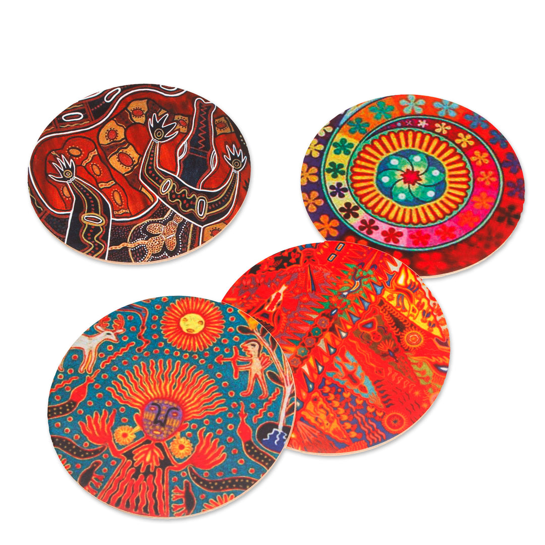 4 Decoupage Pinewood Coasters with Mexican Huichol Motifs - Huichol Inspiration