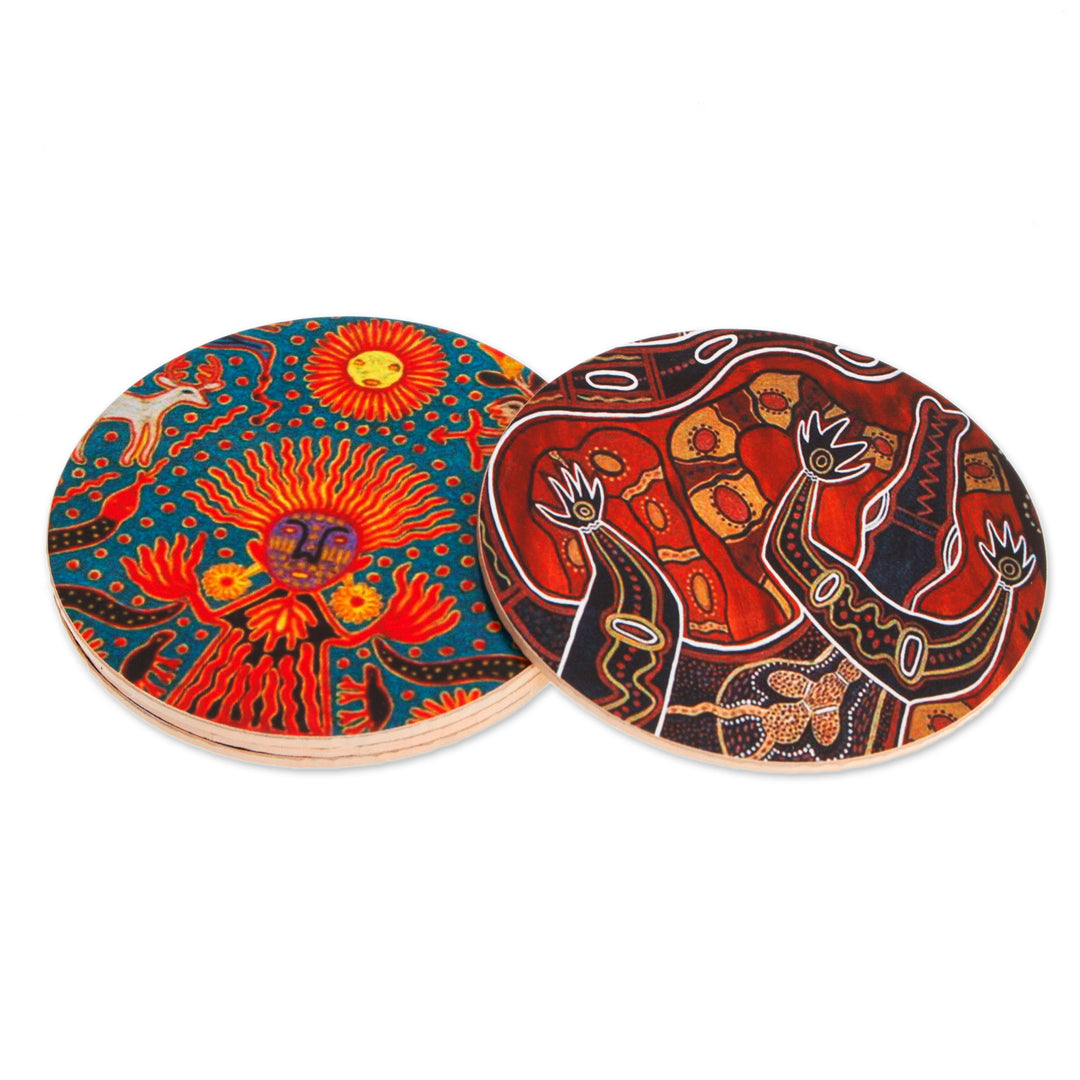 4 Decoupage Pinewood Coasters with Mexican Huichol Motifs - Huichol Inspiration