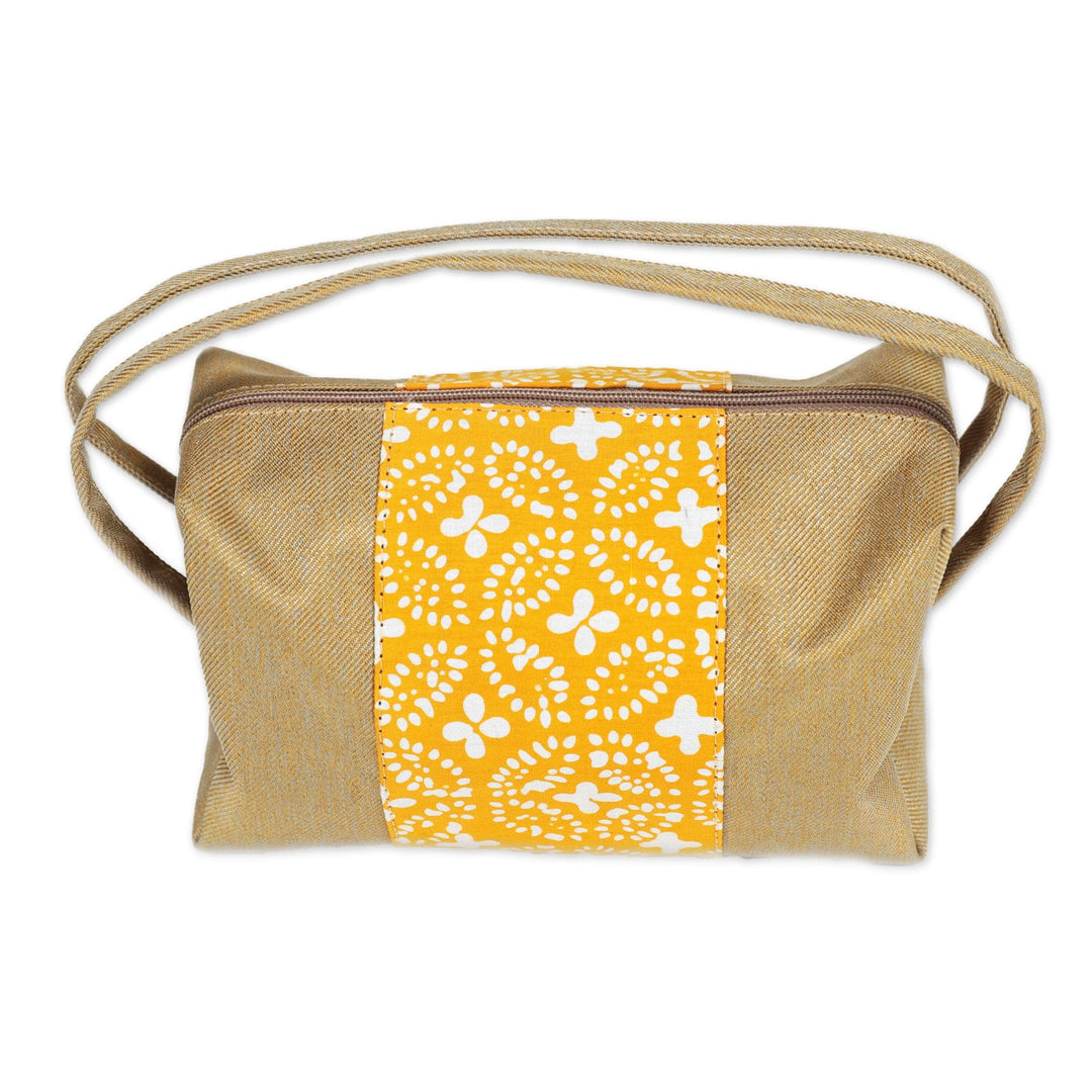 Brown Yellow Cotton Cosmetic Bag with Batik Motif & Handles - Goldenrod Petals