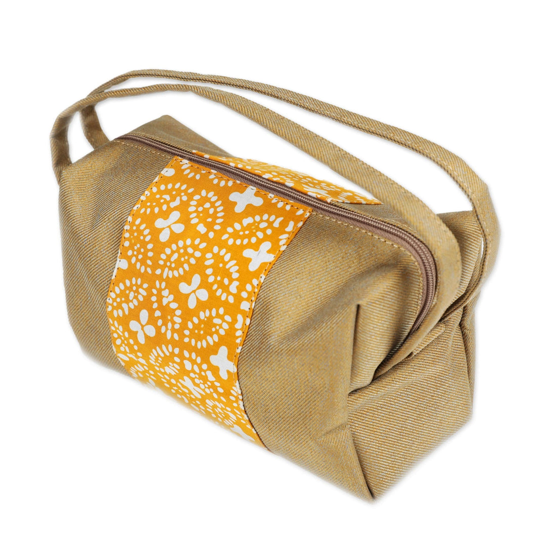 Brown Yellow Cotton Cosmetic Bag with Batik Motif & Handles - Goldenrod Petals