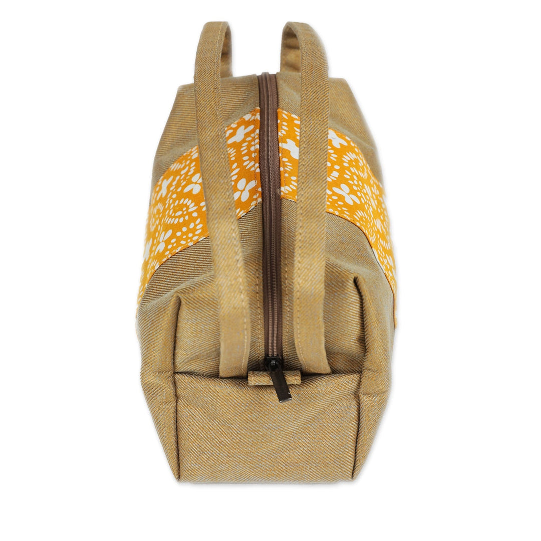 Brown Yellow Cotton Cosmetic Bag with Batik Motif & Handles - Goldenrod Petals