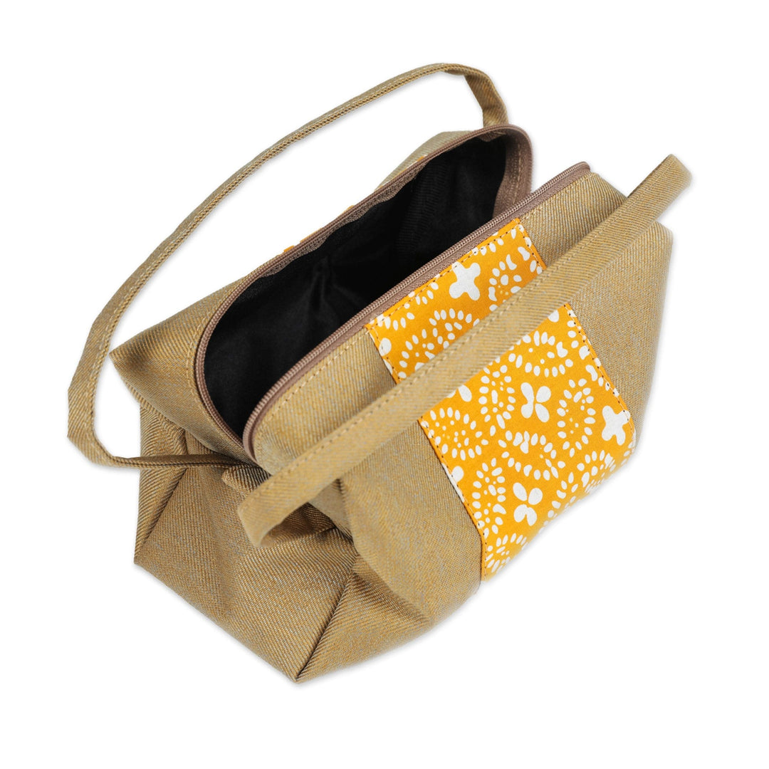 Brown Yellow Cotton Cosmetic Bag with Batik Motif & Handles - Goldenrod Petals