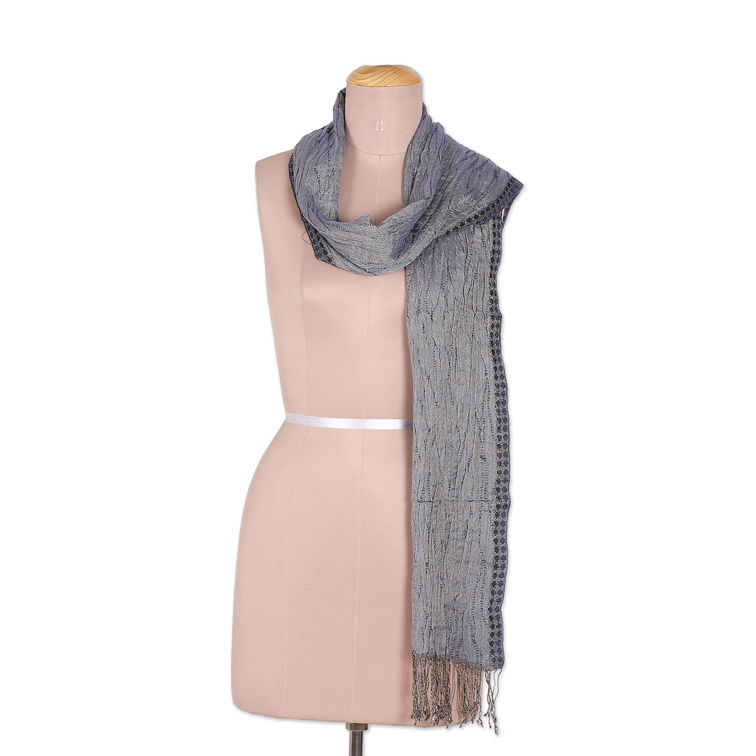 Woven Wool Blend Fringed Scarf in Blue with Wavy Texture - Blue Ripples