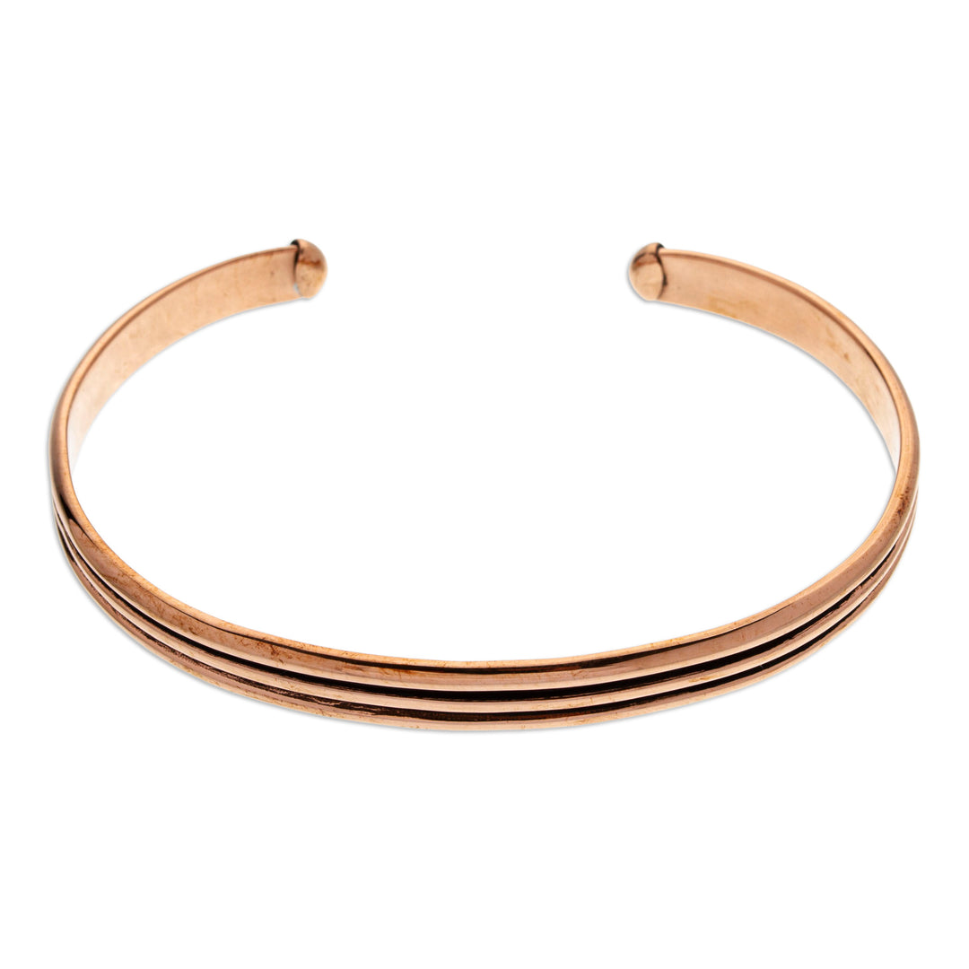 Polished and Oxidized Copper Cuff Bracelet from Mexico - Striped Charm