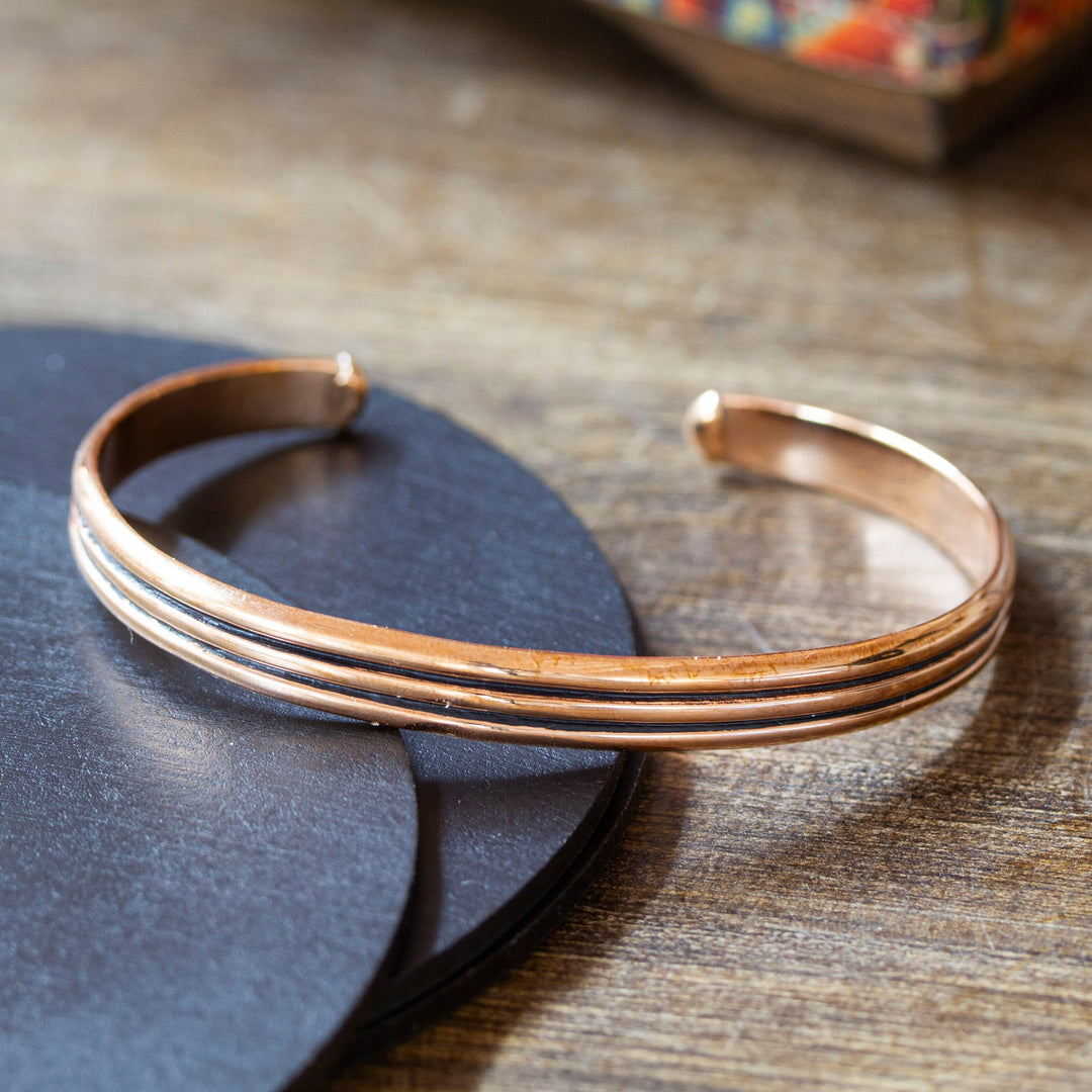 Polished and Oxidized Copper Cuff Bracelet from Mexico - Striped Charm