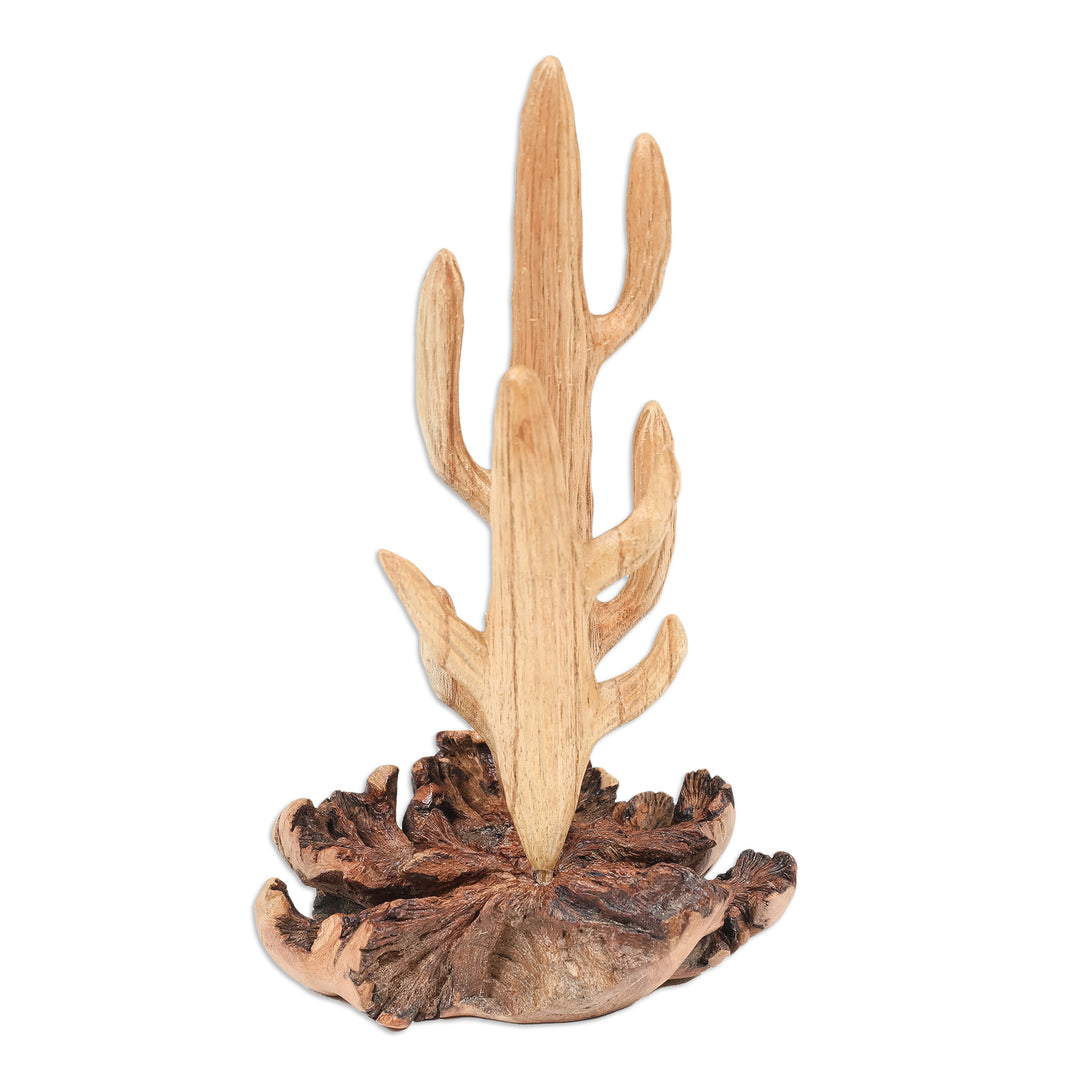 Handcrafted Wood Cactus Sculpture with Mushroom-Like Base - The Cactus