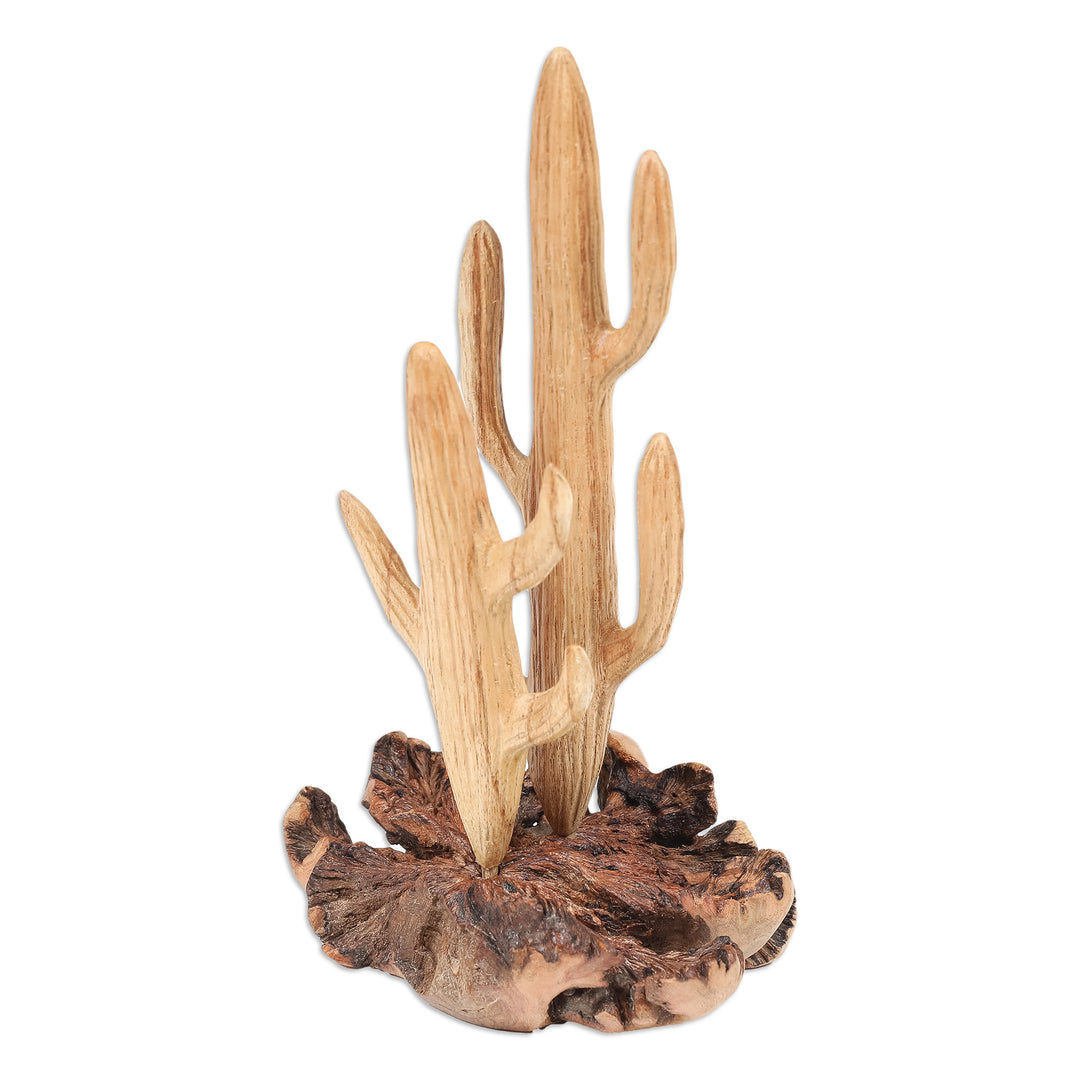 Handcrafted Wood Cactus Sculpture with Mushroom-Like Base - The Cactus