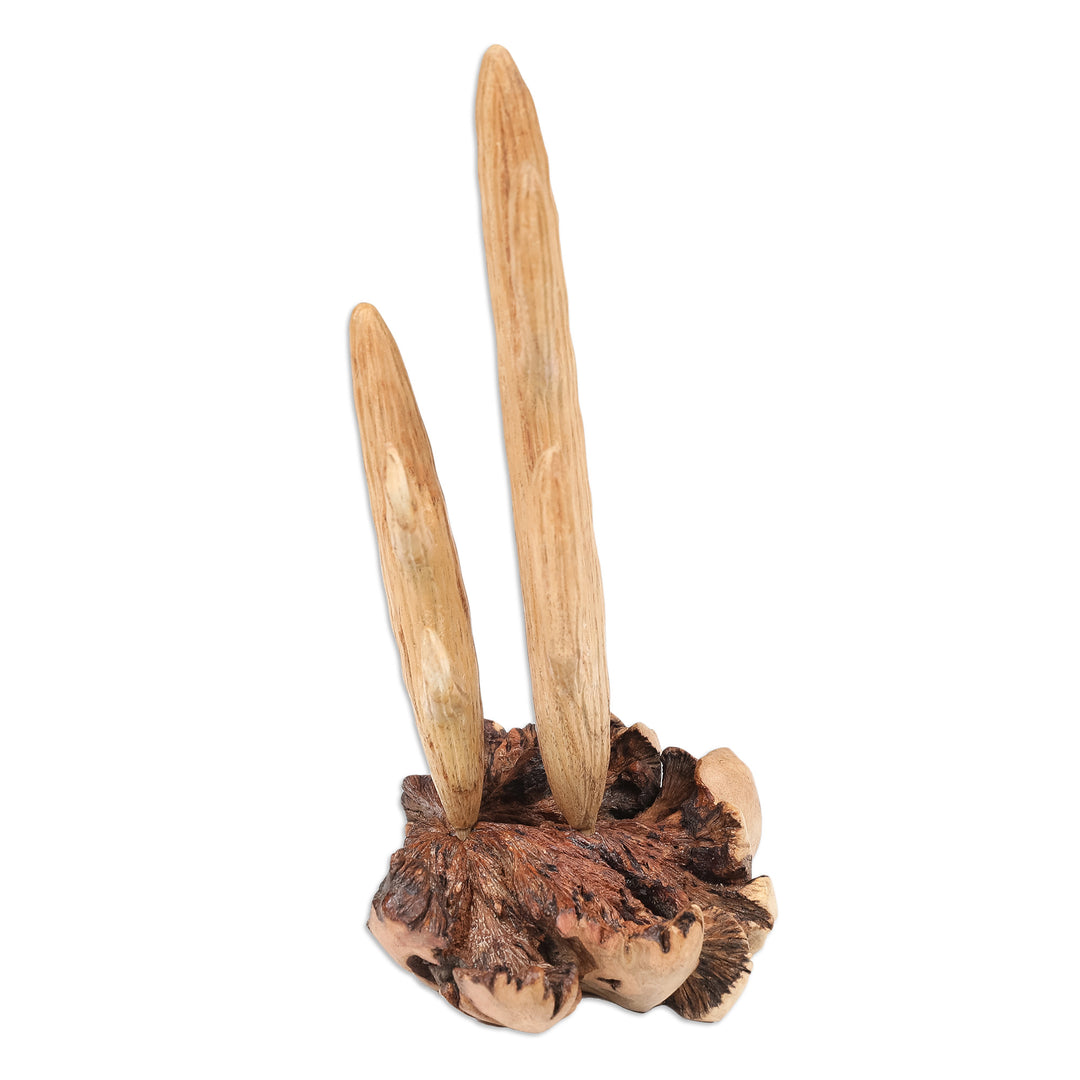 Handcrafted Wood Cactus Sculpture with Mushroom-Like Base - The Cactus