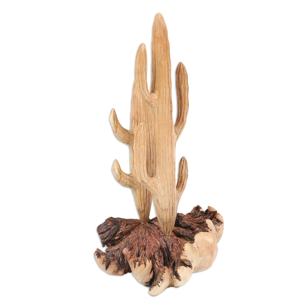 Handcrafted Wood Cactus Sculpture with Mushroom-Like Base - The Cactus