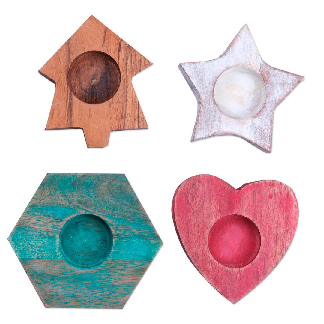Set of 4 Wood Tealight Candle Holders with Distressed Finish - Cozy Glitter