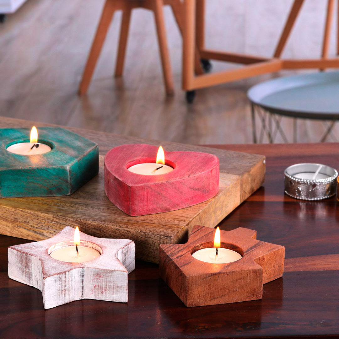 Set of 4 Wood Tealight Candle Holders with Distressed Finish - Cozy Glitter