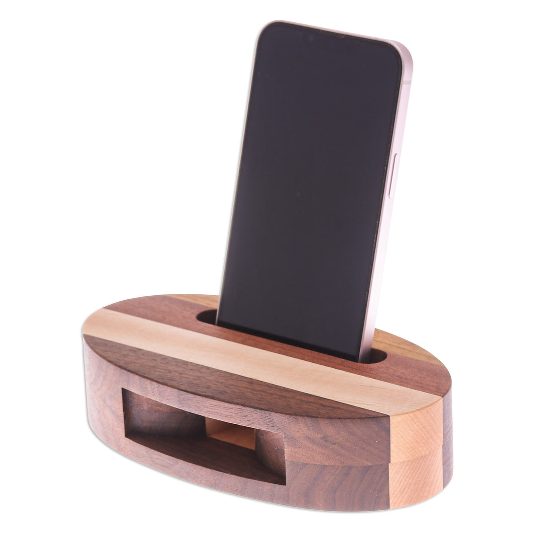 Hand-Carved Oval Brown Walnut and Maple Wood Phone Speaker - Vivacious Sound