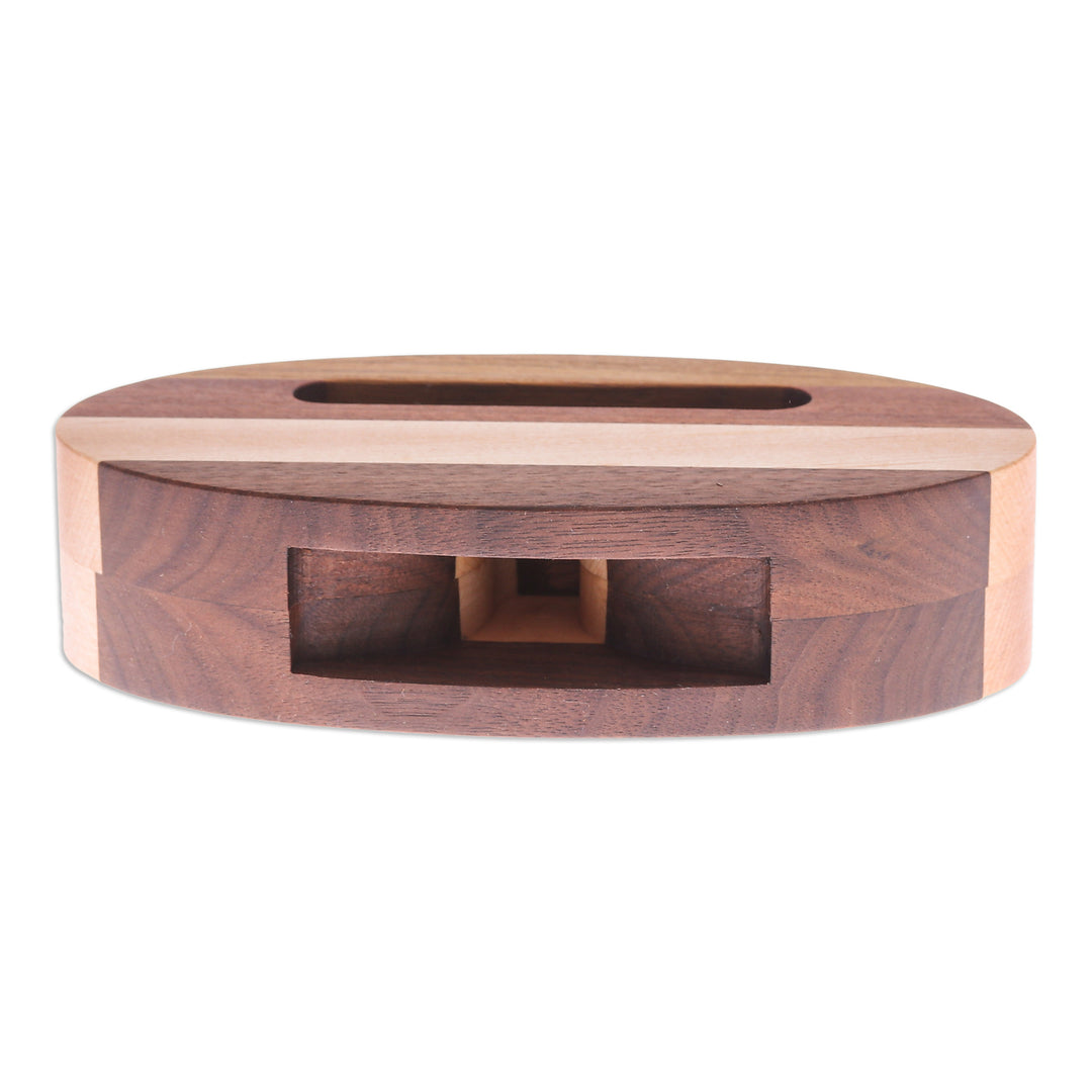 Hand-Carved Oval Brown Walnut and Maple Wood Phone Speaker - Vivacious Sound