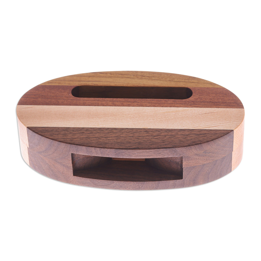 Hand-Carved Oval Brown Walnut and Maple Wood Phone Speaker - Vivacious Sound