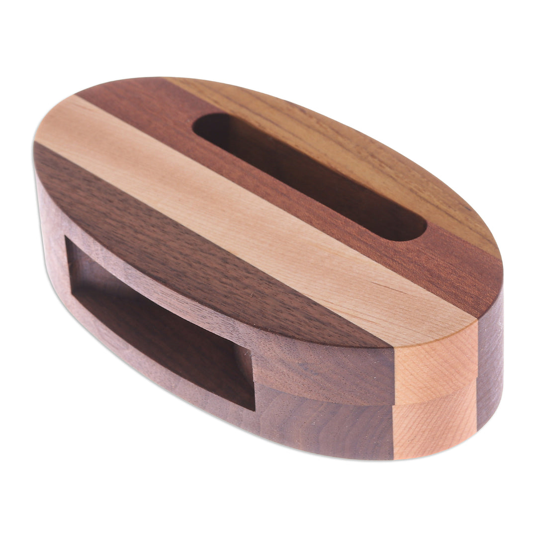 Hand-Carved Oval Brown Walnut and Maple Wood Phone Speaker - Vivacious Sound
