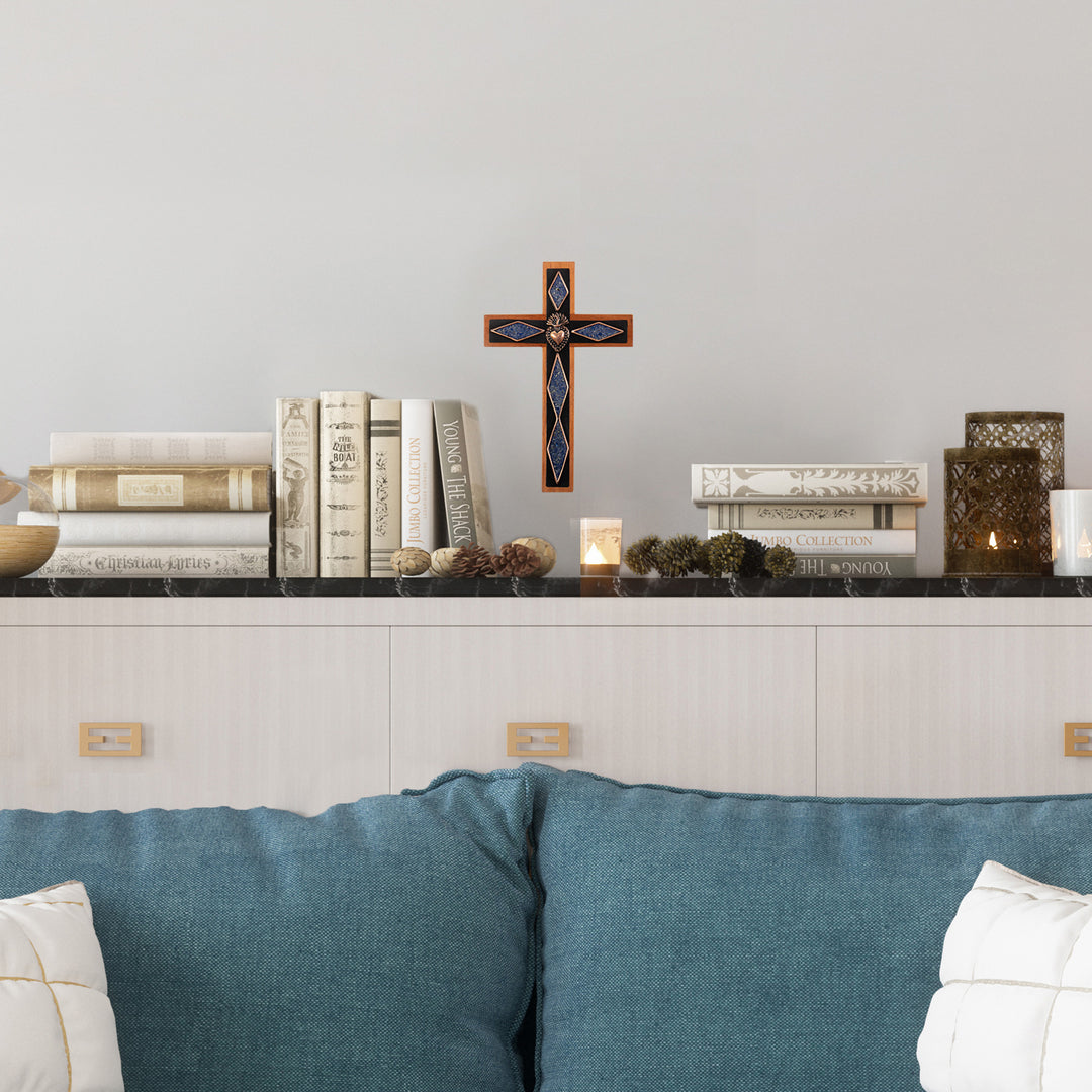 Copper and Bronze Wood Wall Cross with Sodalite Accents - Heroism Cross