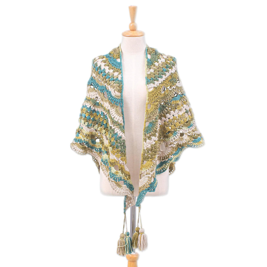 Handcrafted Turquoise and Green Crocheted Acrylic Capelet - Oceanic Spirit