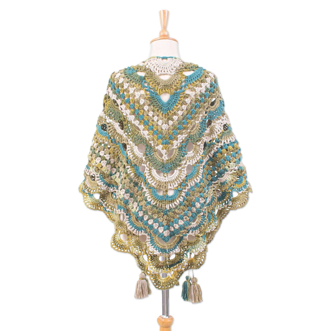Handcrafted Turquoise and Green Crocheted Acrylic Capelet - Oceanic Spirit