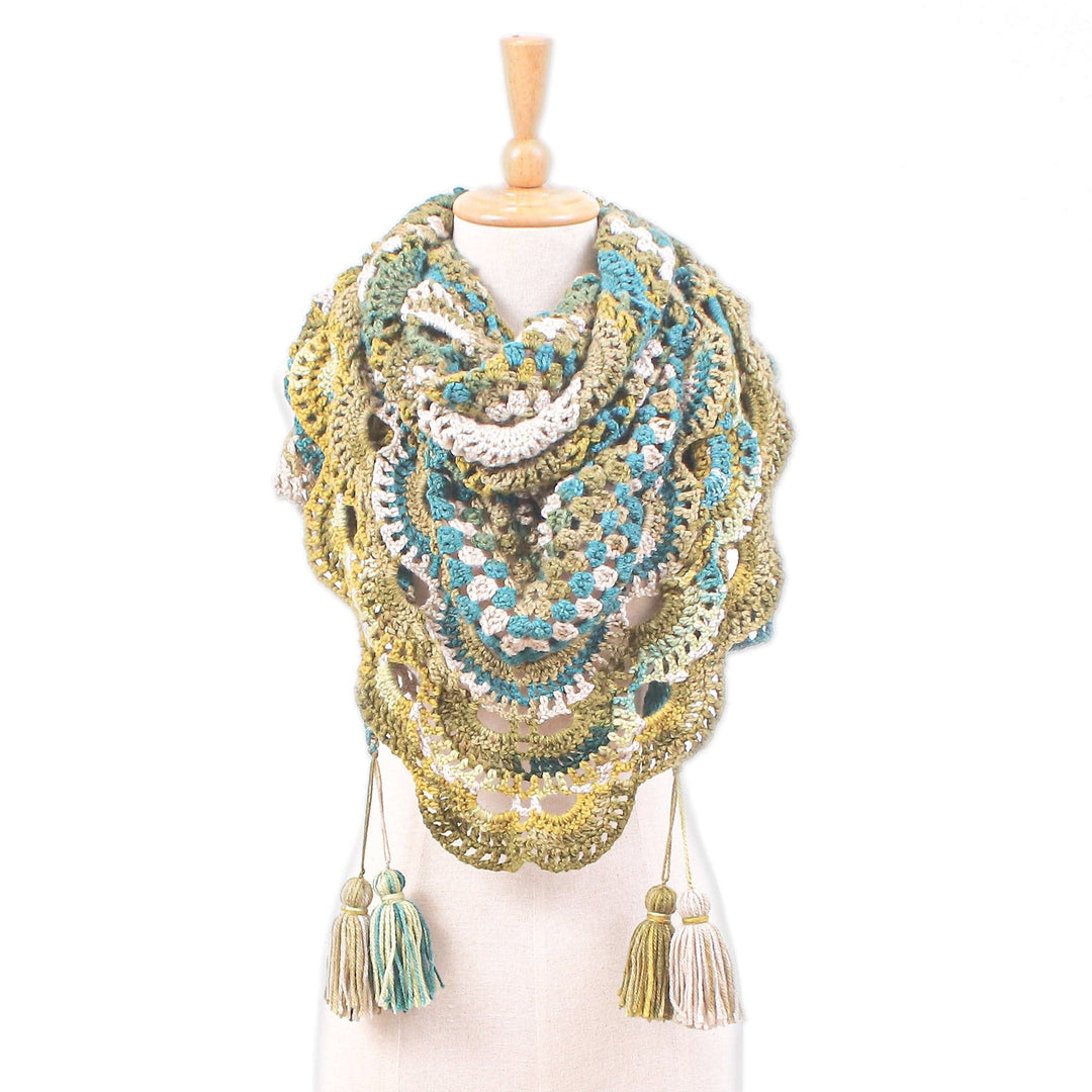 Handcrafted Turquoise and Green Crocheted Acrylic Capelet - Oceanic Spirit