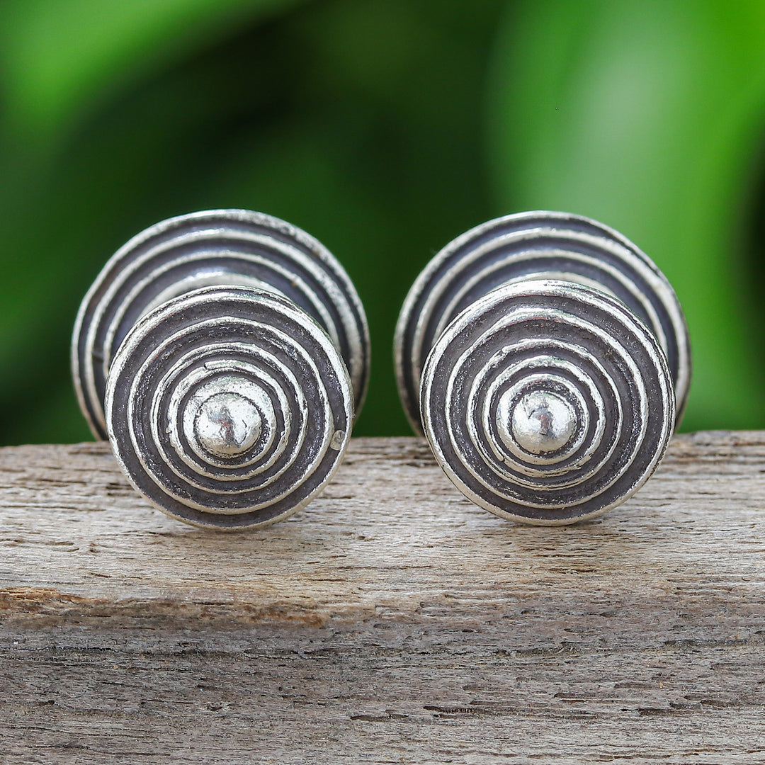 Polished Round Silver Button Earrings Crafted in Thailand - Hypnotically Radiant