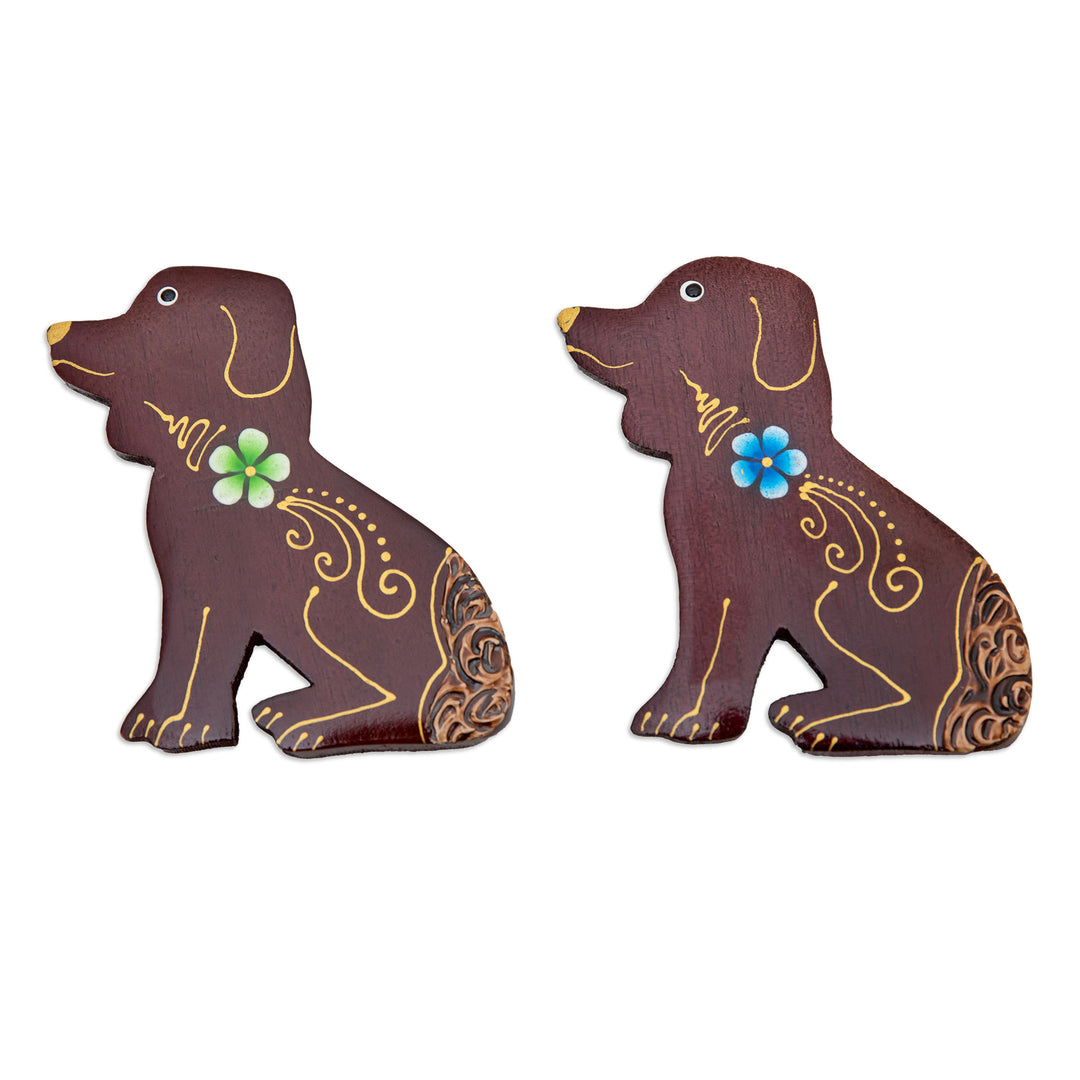 Set of 2 Hand-Painted Floral Dog-Shaped Wood Magnets - Paradisial Puppies