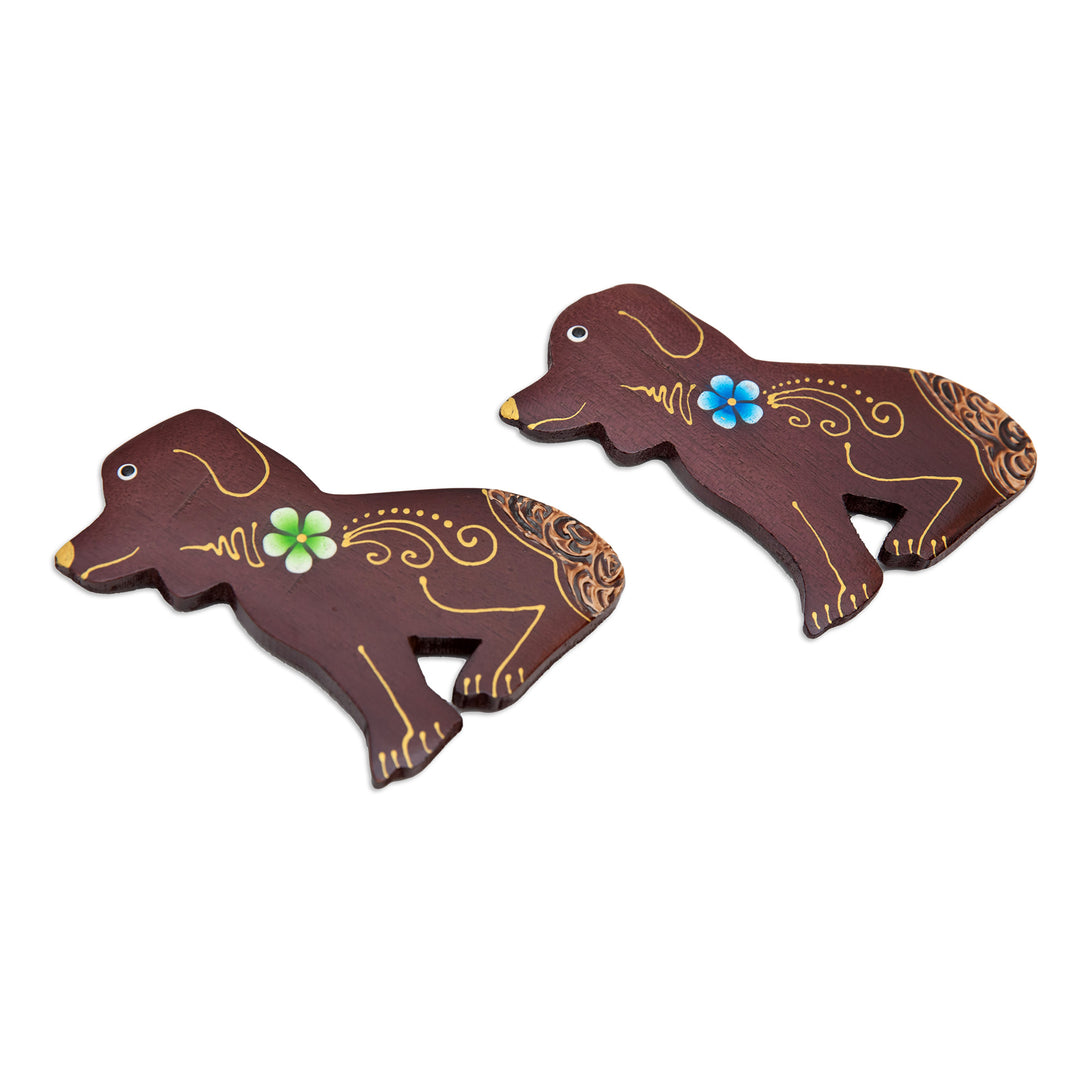 Set of 2 Hand-Painted Floral Dog-Shaped Wood Magnets - Paradisial Puppies