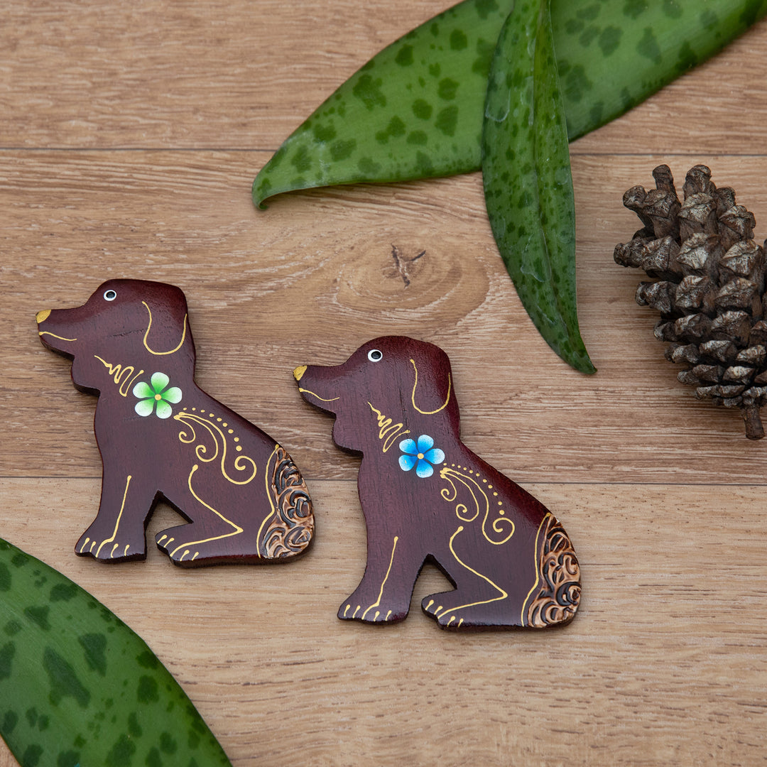 Set of 2 Hand-Painted Floral Dog-Shaped Wood Magnets - Paradisial Puppies