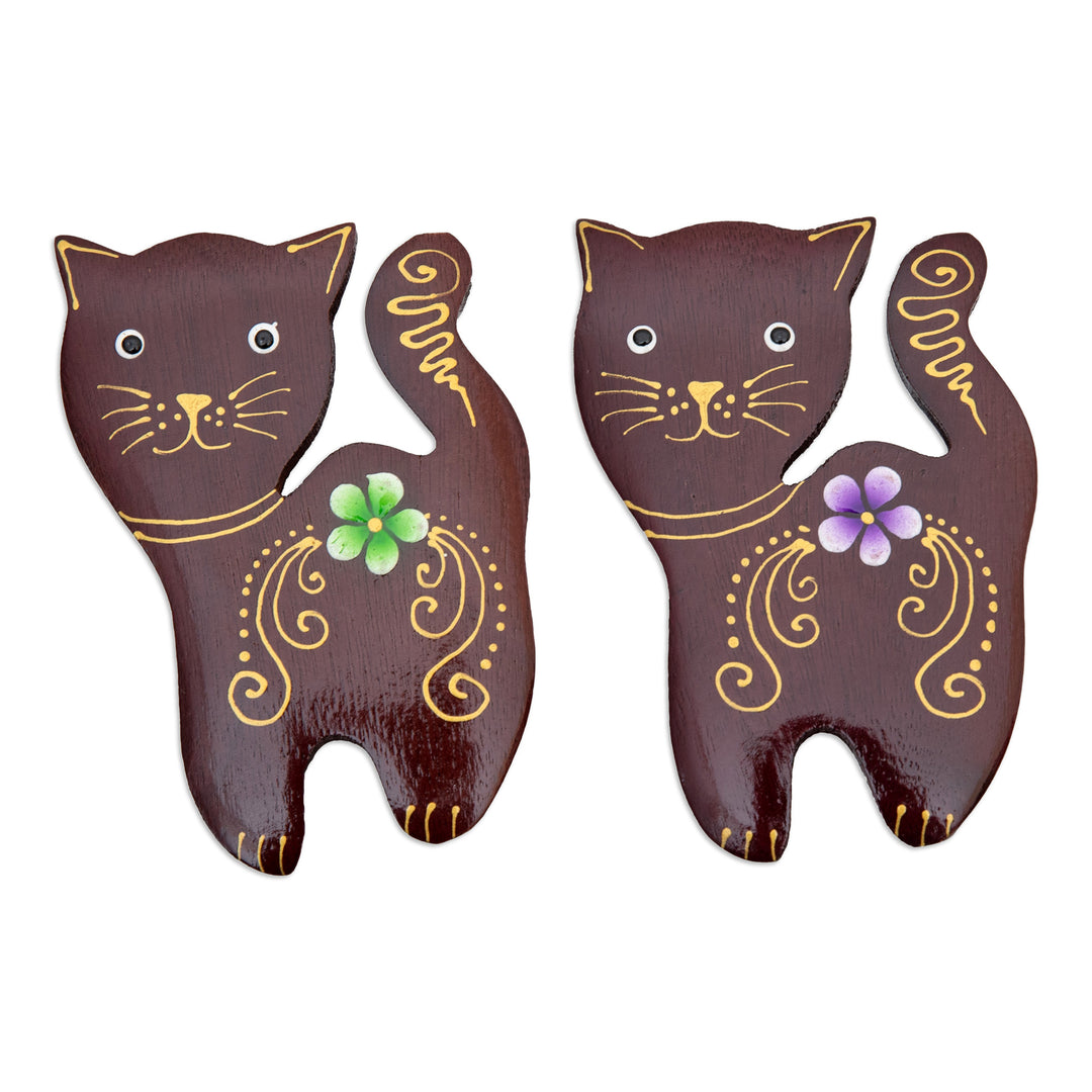 Set of 2 Hand-Painted Floral Cat-Shaped Wood Magnets - Paradisial Kittens