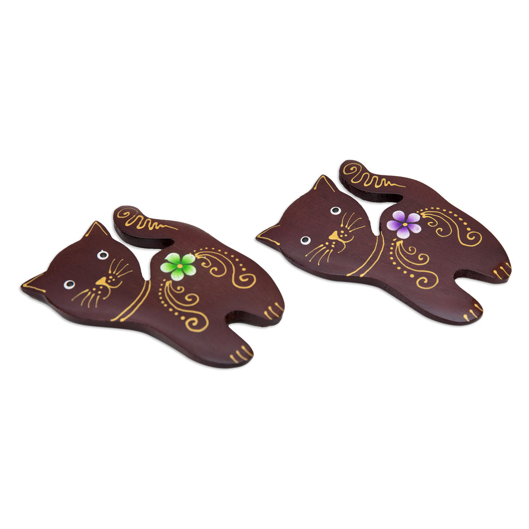 Set of 2 Hand-Painted Floral Cat-Shaped Wood Magnets - Paradisial Kittens