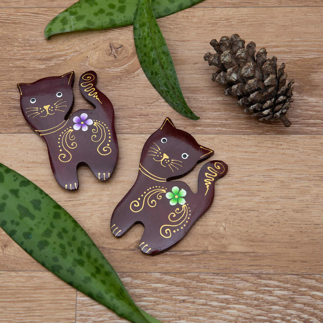 Set of 2 Hand-Painted Floral Cat-Shaped Wood Magnets - Paradisial Kittens