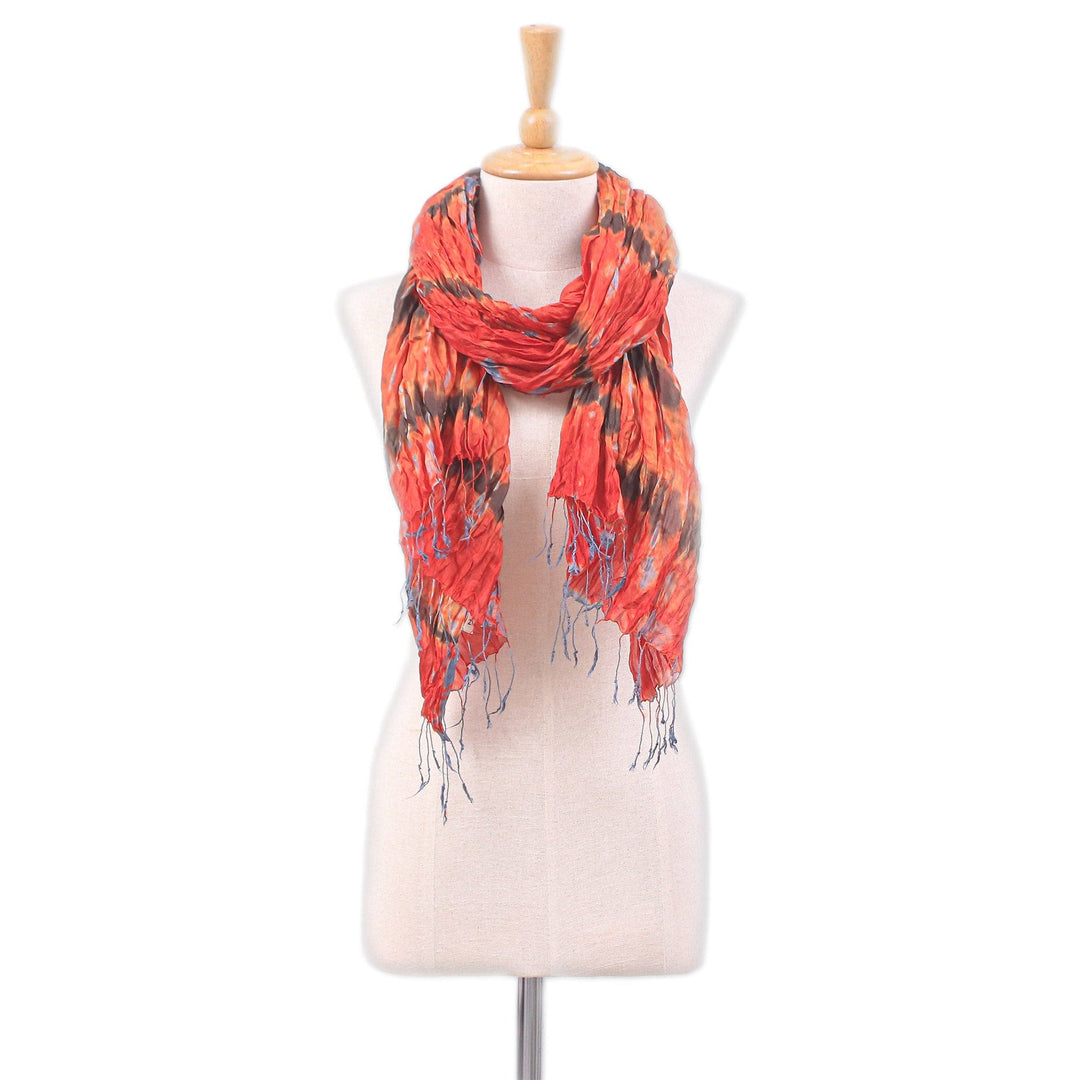 Handmade Orange and Red Tie-dyed Silk Scarf with Fringes - Flames & Fashion