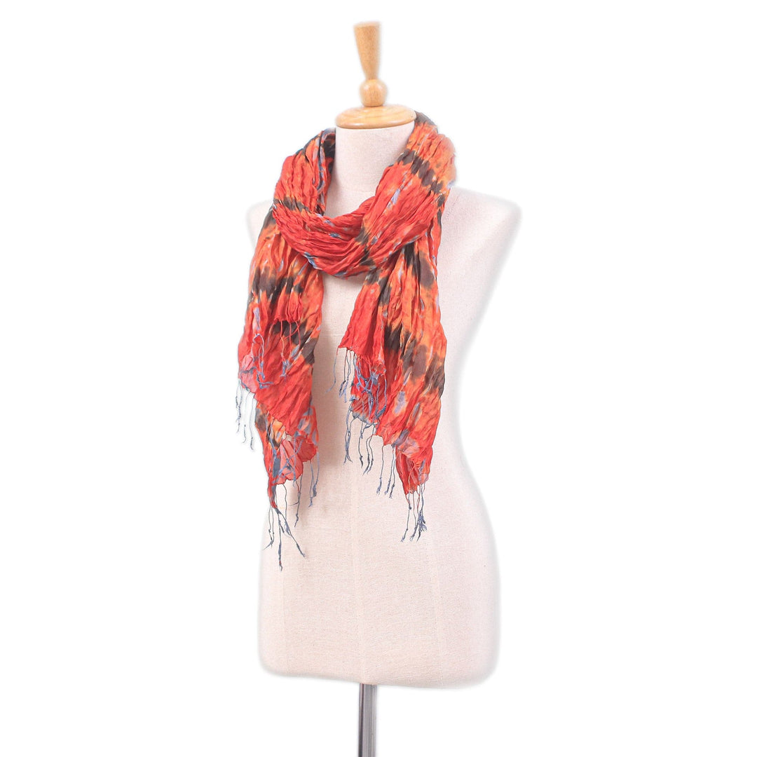 Handmade Orange and Red Tie-dyed Silk Scarf with Fringes - Flames & Fashion
