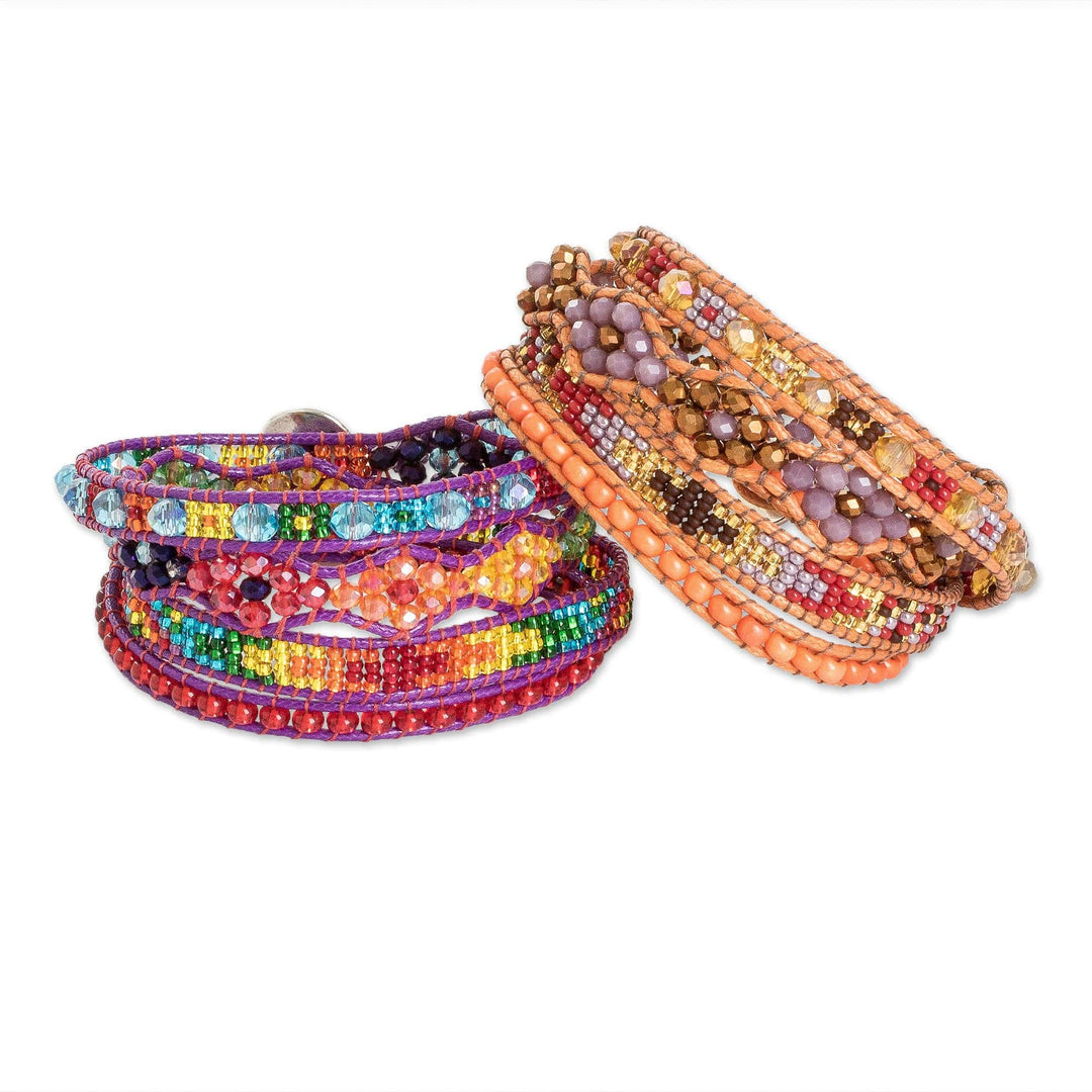 Two Handcrafted Beaded Positive Energy Long Wrap Bracelets - Protection and Joy